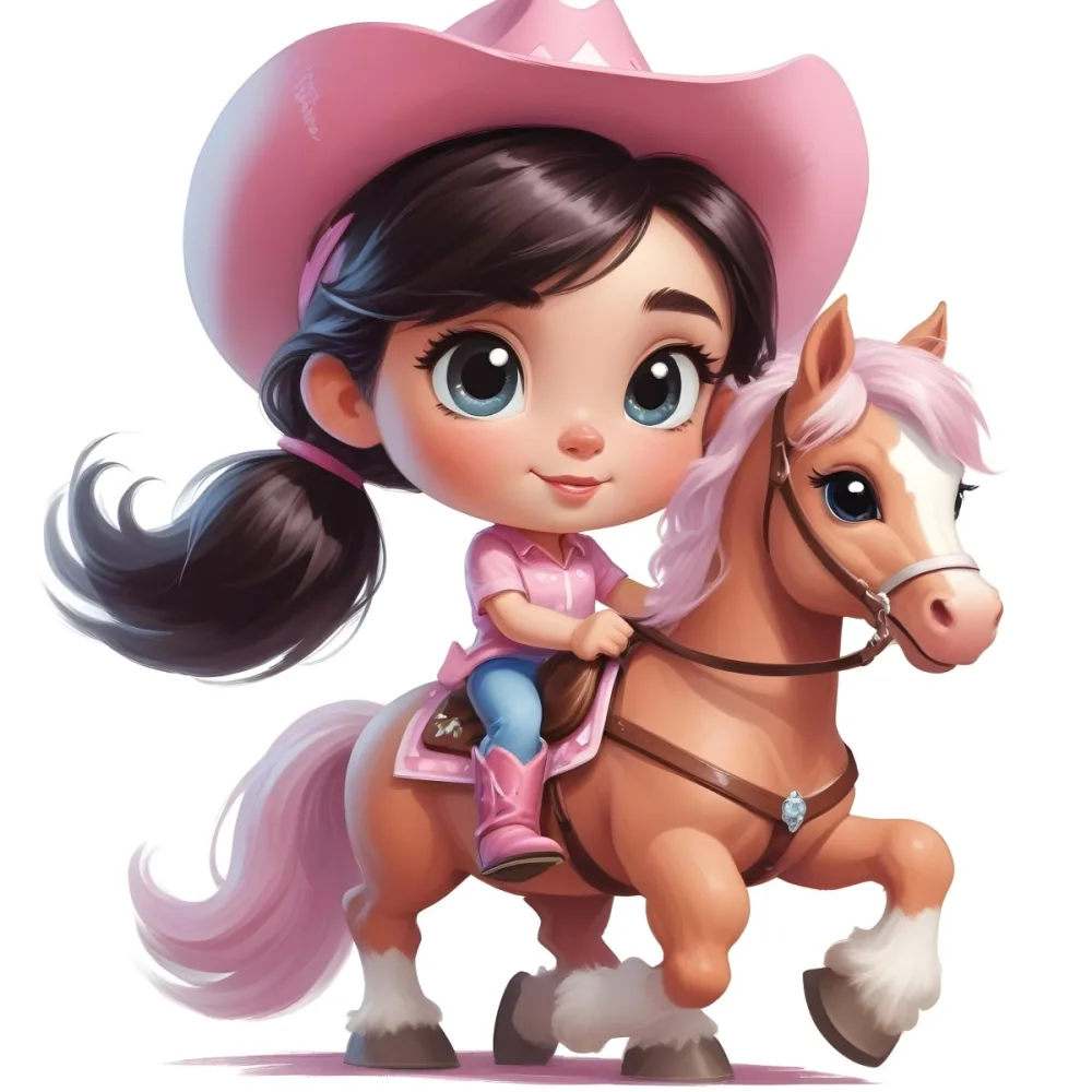 Young Latina Girl With Long Dark Hair Wearing A Cowgirl Hat And Pink Shirt Riding A White And Pink Unicorn In A Desert Setting With Cacti 29 037e