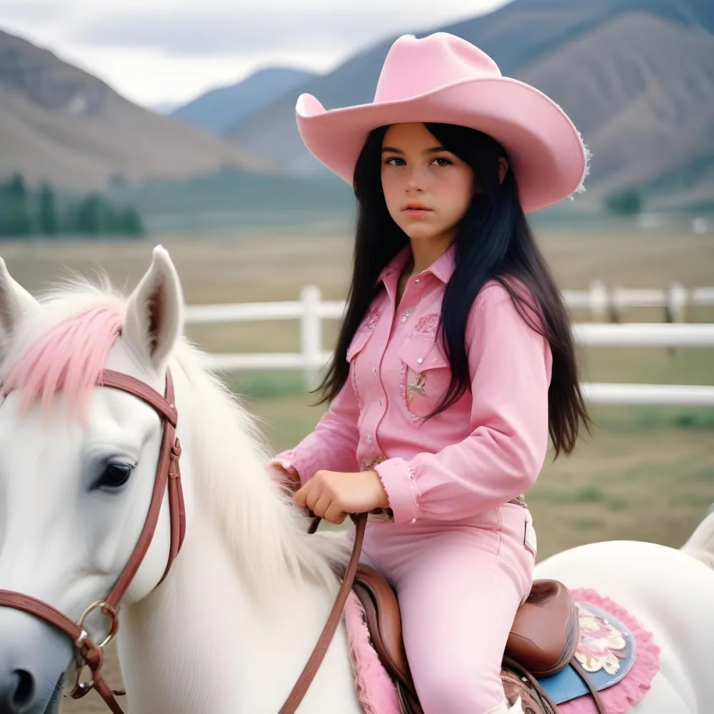 Young Latina Girl With Long Dark Hair Wearing A Cowgirl Hat And Pink Shirt Riding A White And Pink Unicorn In A Desert Setting With Cacti 3 09f8