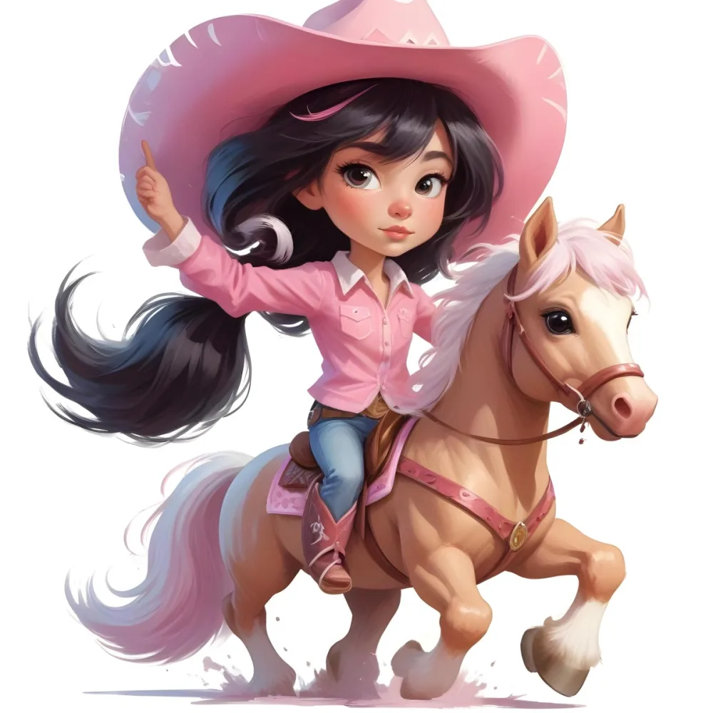 Young Latina Girl With Long Dark Hair Wearing A Cowgirl Hat And Pink Shirt Riding A White And Pink Unicorn In A Desert Setting With Cacti 36 80e5