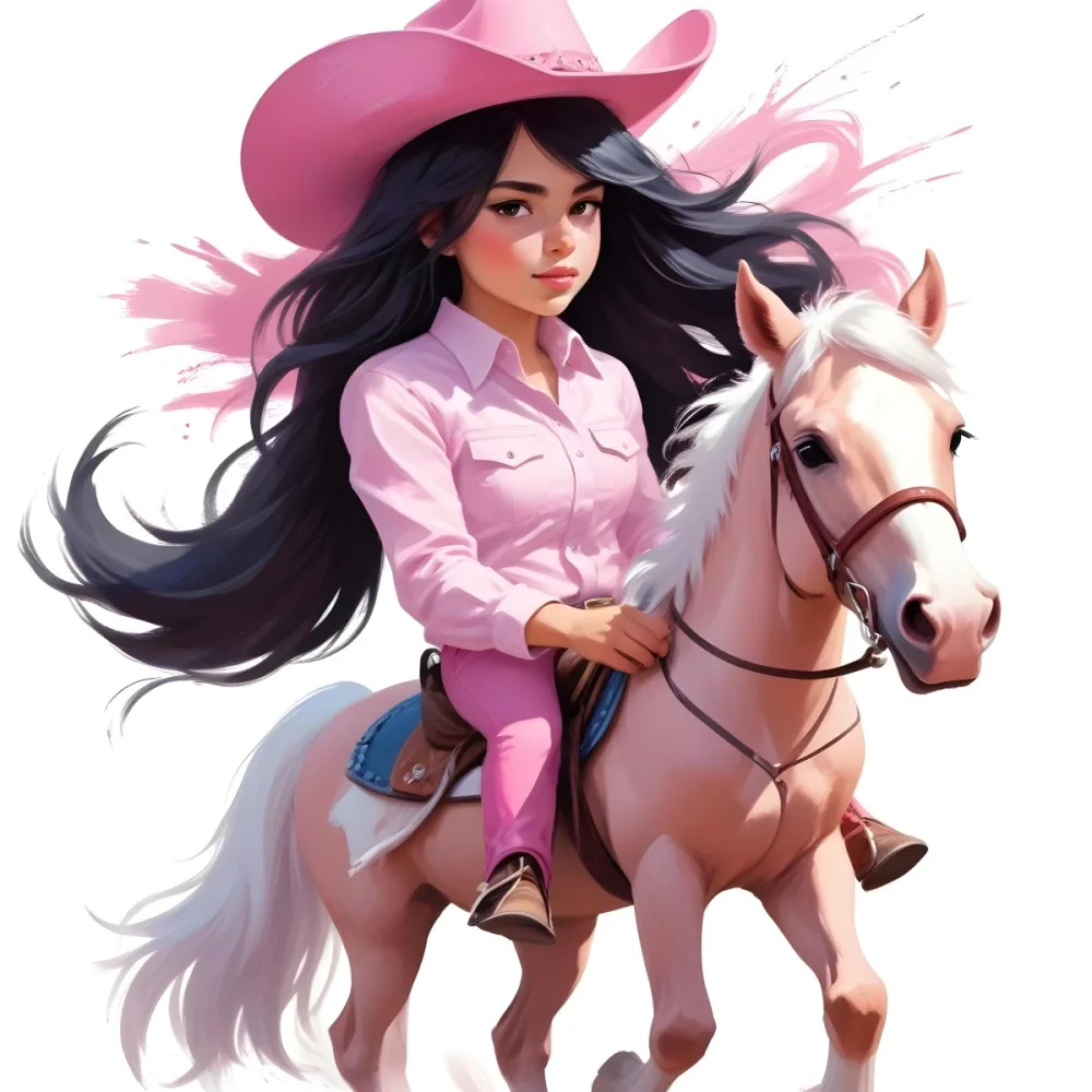 Young Latina Girl With Long Dark Hair Wearing A Cowgirl Hat And Pink Shirt Riding A White And Pink Unicorn In A Desert Setting With Cacti 40 C6d7