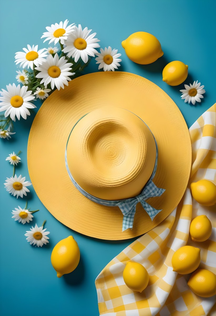 Minimal Soft Studio Light Photography A Yellow Straw Hat With A Bow Surrounded By White Daisies Lemons And A Yellow And White Checkered Cloth On A Teal Blue Background High Detail Solid Bold Color Background 10 E3aa
