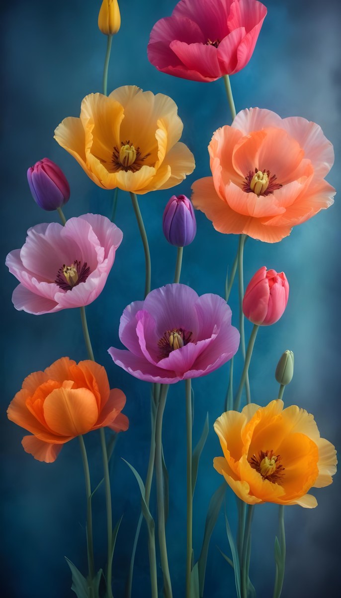 Vibrant And Colorful Flowers Including Pink Purple And Orange Poppies Or Similar Blooms Against A Dark Blue Background 58 5638