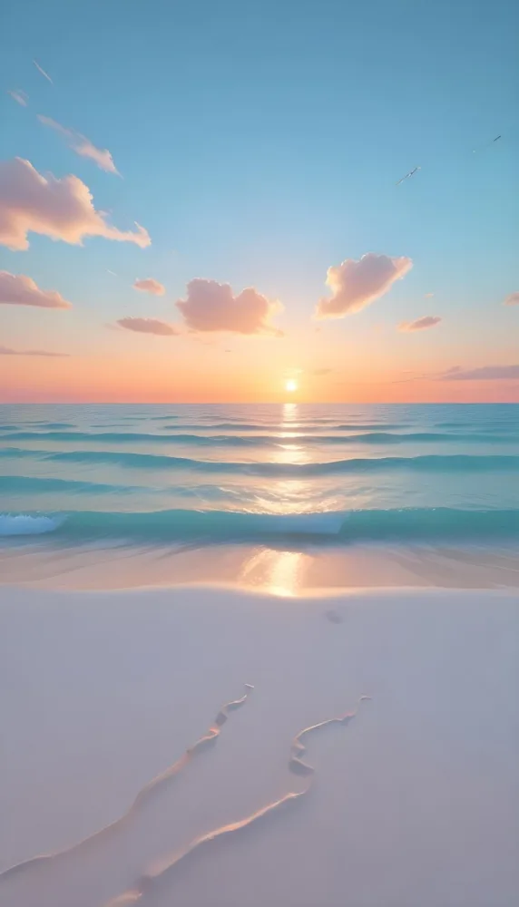 A Beach With White Sand And A Calm Turquoise Sea Under A Pastel Colored Sky At Sunset 18 Ac26