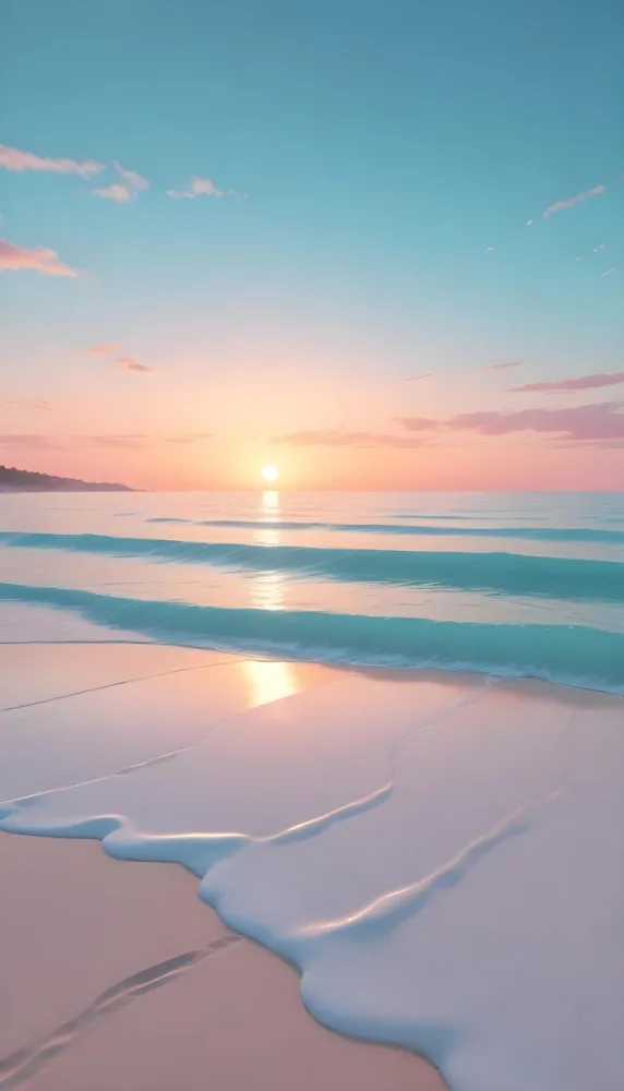 A Beach With White Sand And A Calm Turquoise Sea Under A Pastel Colored Sky At Sunset 20 64f1