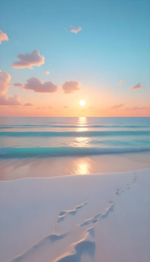 A Beach With White Sand And A Calm Turquoise Sea Under A Pastel Colored Sky At Sunset 25 Eb7c