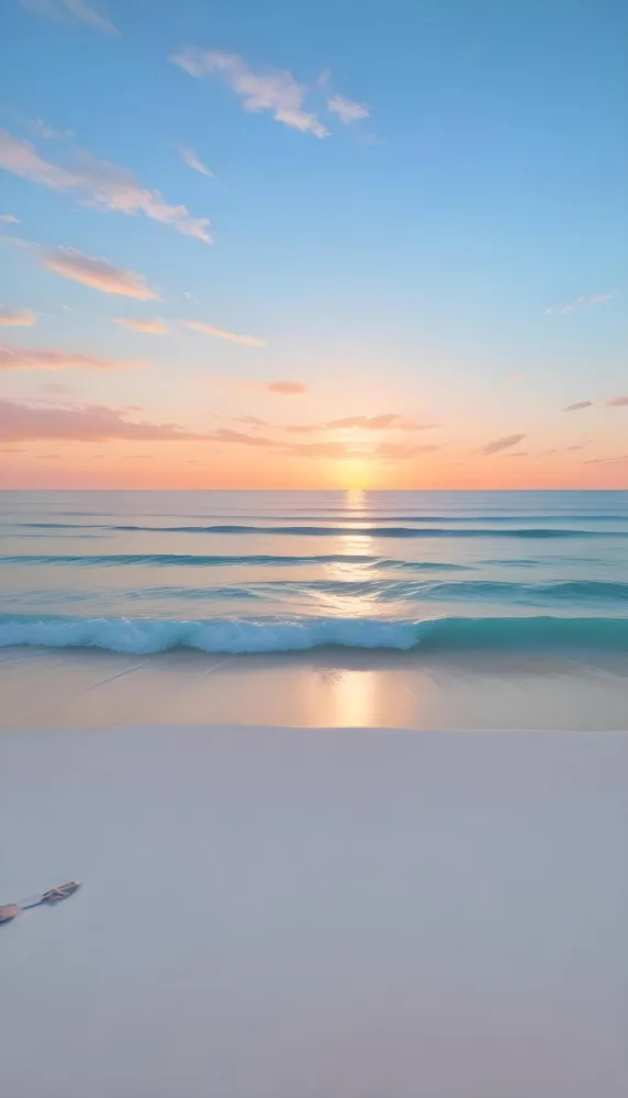 A Beach With White Sand And A Calm Turquoise Sea Under A Pastel Colored Sky At Sunset 6 03ec