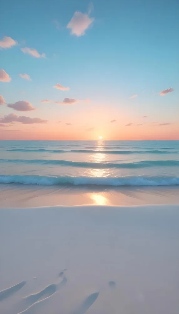 A Beach With White Sand And A Calm Turquoise Sea Under A Pastel Colored Sky At Sunset 8 85fa