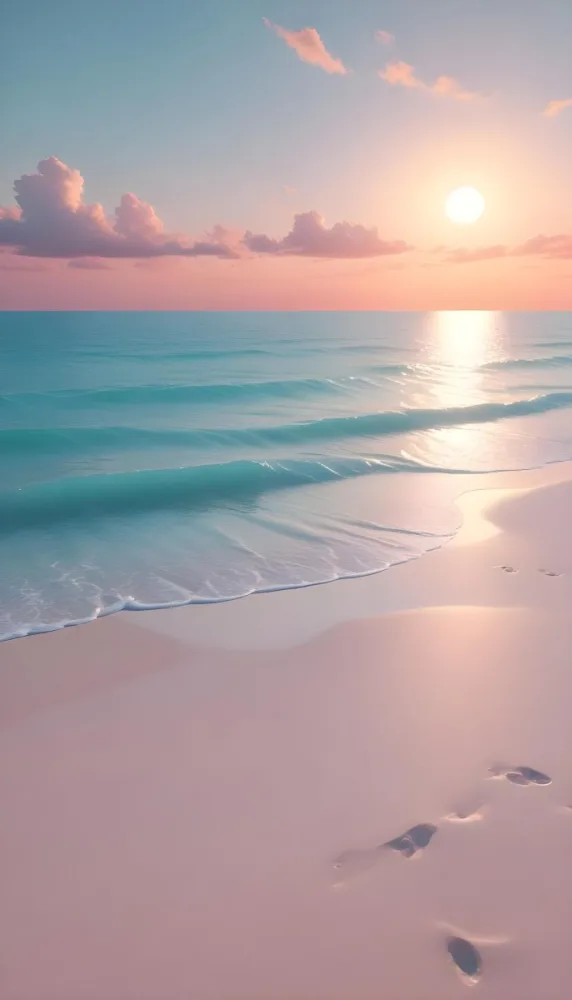A Beach With White Sand And A Calm Turquoise Sea Under A Pastel Colored Sky At Sunset 9 318e