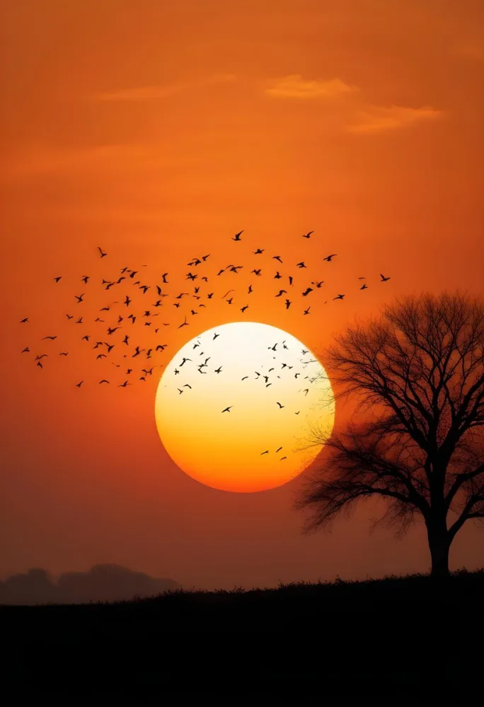 A Big Orange Sun With A Flock Of Birds Flying In Front Of It A Tree Silhouette On The Right Side Orange Sky 1 Dbb8