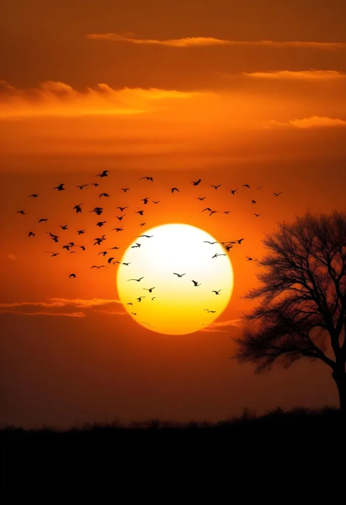 A Big Orange Sun With A Flock Of Birds Flying In Front Of It A Tree Silhouette On The Right Side Orange Sky 15 5caf