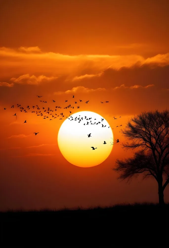 A Big Orange Sun With A Flock Of Birds Flying In Front Of It A Tree Silhouette On The Right Side Orange Sky 18 4177