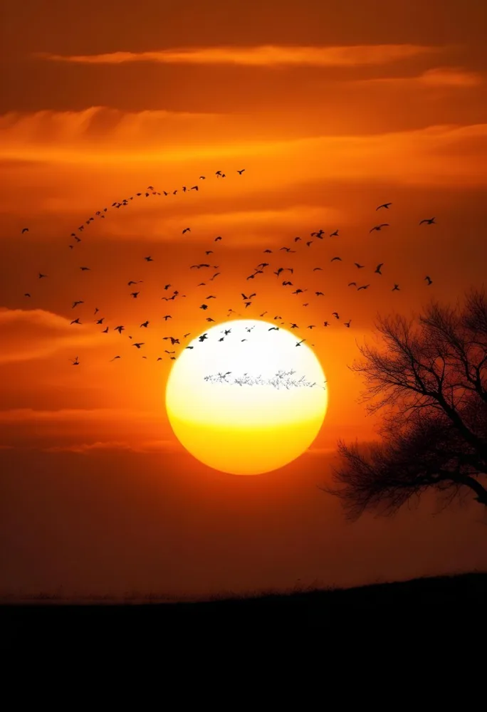 A Big Orange Sun With A Flock Of Birds Flying In Front Of It A Tree Silhouette On The Right Side Orange Sky 19 5339