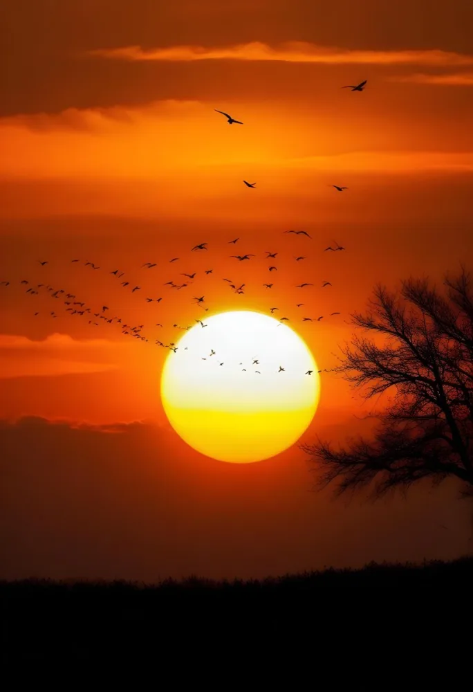 A Big Orange Sun With A Flock Of Birds Flying In Front Of It A Tree Silhouette On The Right Side Orange Sky 21 2dbc
