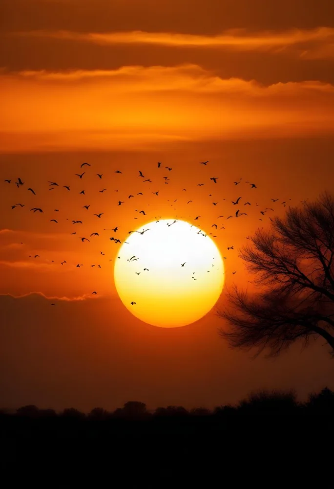 A Big Orange Sun With A Flock Of Birds Flying In Front Of It A Tree Silhouette On The Right Side Orange Sky 22 E749