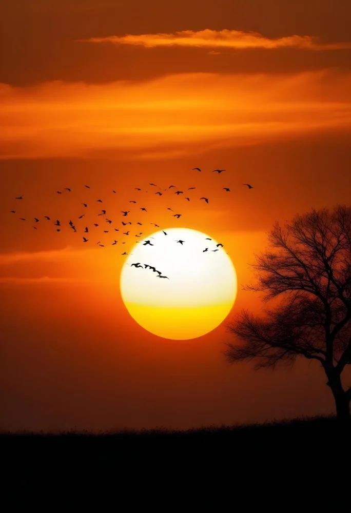 A Big Orange Sun With A Flock Of Birds Flying In Front Of It A Tree Silhouette On The Right Side Orange Sky 25 6b93
