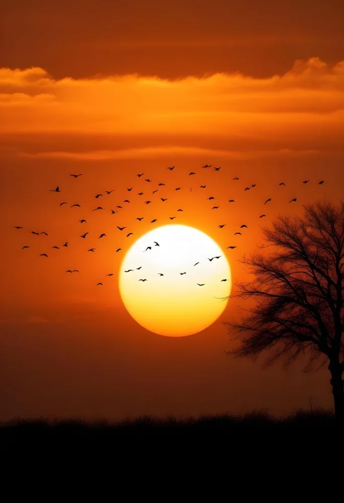 A Big Orange Sun With A Flock Of Birds Flying In Front Of It A Tree Silhouette On The Right Side Orange Sky 26 11b7