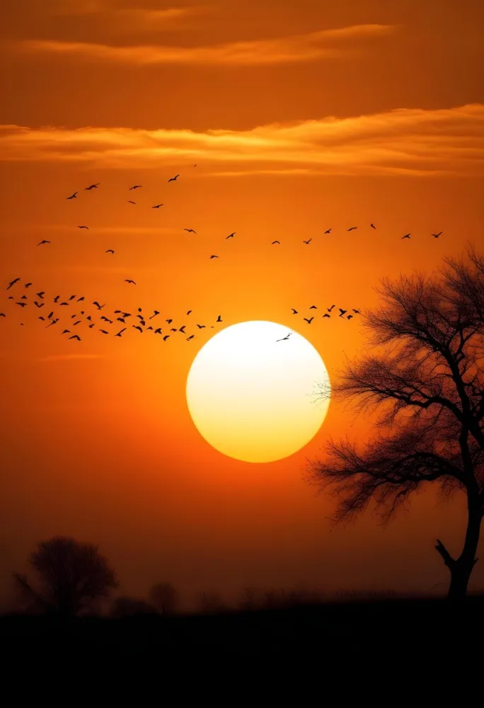 A Big Orange Sun With A Flock Of Birds Flying In Front Of It A Tree Silhouette On The Right Side Orange Sky 3 6c94