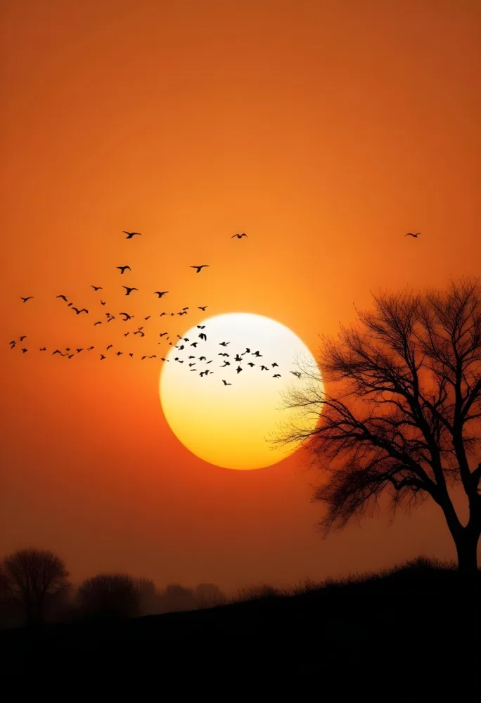 A Big Orange Sun With A Flock Of Birds Flying In Front Of It A Tree Silhouette On The Right Side Orange Sky 4 9629