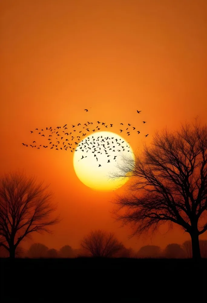 A Big Orange Sun With A Flock Of Birds Flying In Front Of It A Tree Silhouette On The Right Side Orange Sky 5 C894