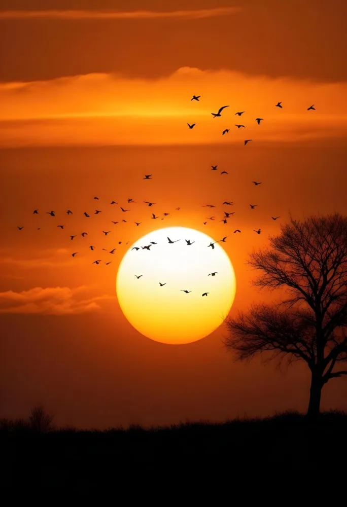 A Big Orange Sun With A Flock Of Birds Flying In Front Of It A Tree Silhouette On The Right Side Orange Sky 6 2457