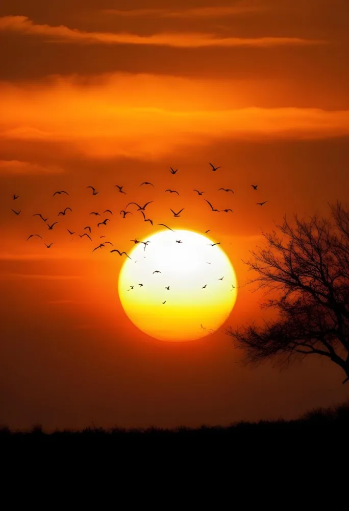 A Big Orange Sun With A Flock Of Birds Flying In Front Of It A Tree Silhouette On The Right Side Orange Sky 9 2e3a