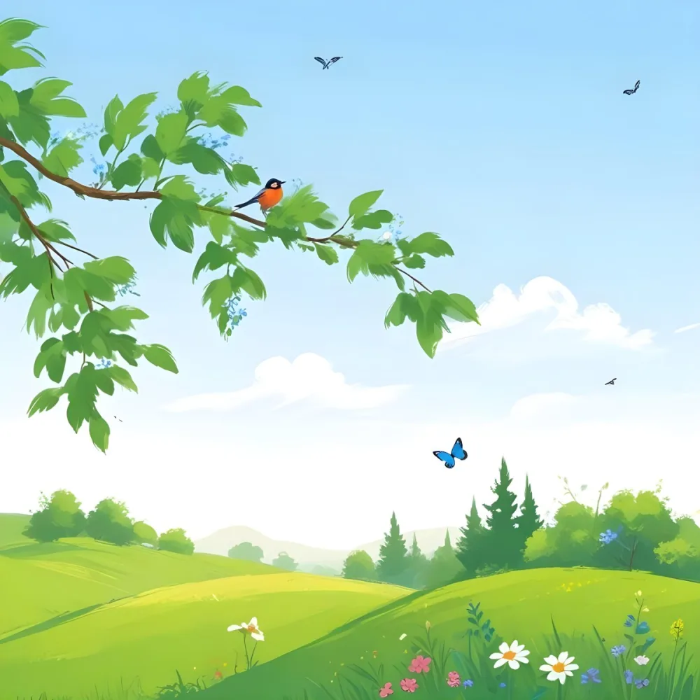 A Bird Perched On A Branch With Flowers Rolling Green Hills With Trees And Flowers Blue Sky With Clouds Butterflies Flying Around Sunny Day In The Countryside 5 Ec99
