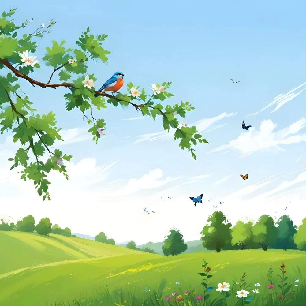 A Bird Perched On A Branch With Flowers Rolling Green Hills With Trees And Flowers Blue Sky With Clouds Butterflies Flying Around Sunny Day In The Countryside 8 3a3f