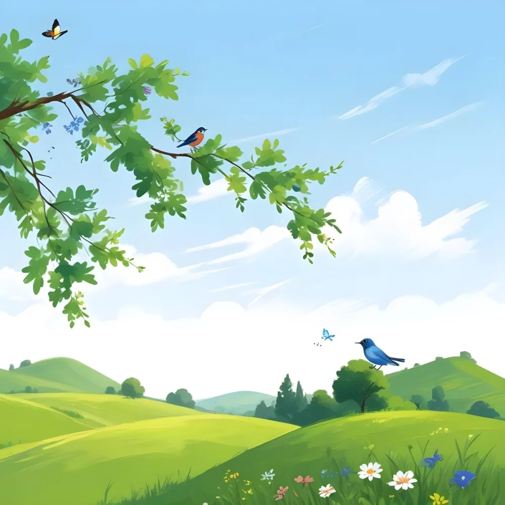 A Bird Perched On A Branch With Flowers Rolling Green Hills With Trees And Flowers Blue Sky With Clouds Butterflies Flying Around Sunny Day In The Countryside 9 2761