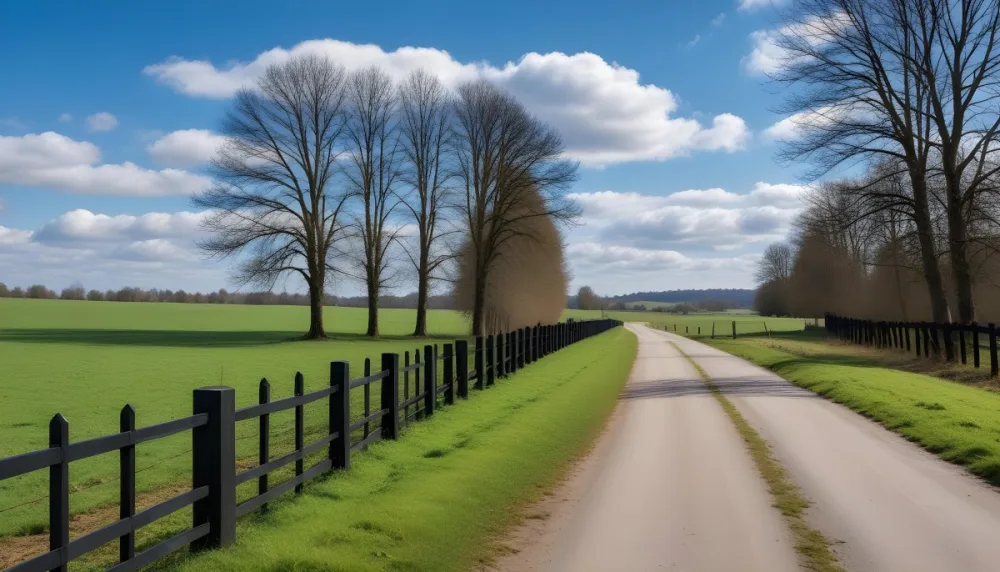 A Black Fence On A Green Field With A Road In The Background Trees Without Leaves Blue Sky With Some Clouds Sunny Day In The Countryside 12 Eab8