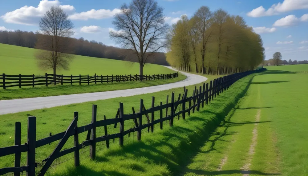 A Black Fence On A Green Field With A Road In The Background Trees Without Leaves Blue Sky With Some Clouds Sunny Day In The Countryside 15 4a3e
