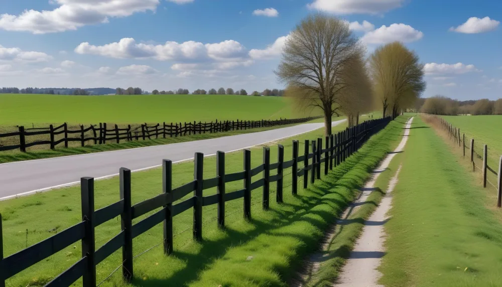 A Black Fence On A Green Field With A Road In The Background Trees Without Leaves Blue Sky With Some Clouds Sunny Day In The Countryside 16 256c