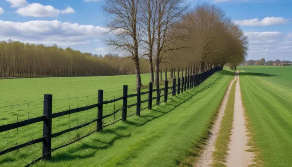 A Black Fence On A Green Field With A Road In The Background Trees Without Leaves Blue Sky With Some Clouds Sunny Day In The Countryside 19 A606