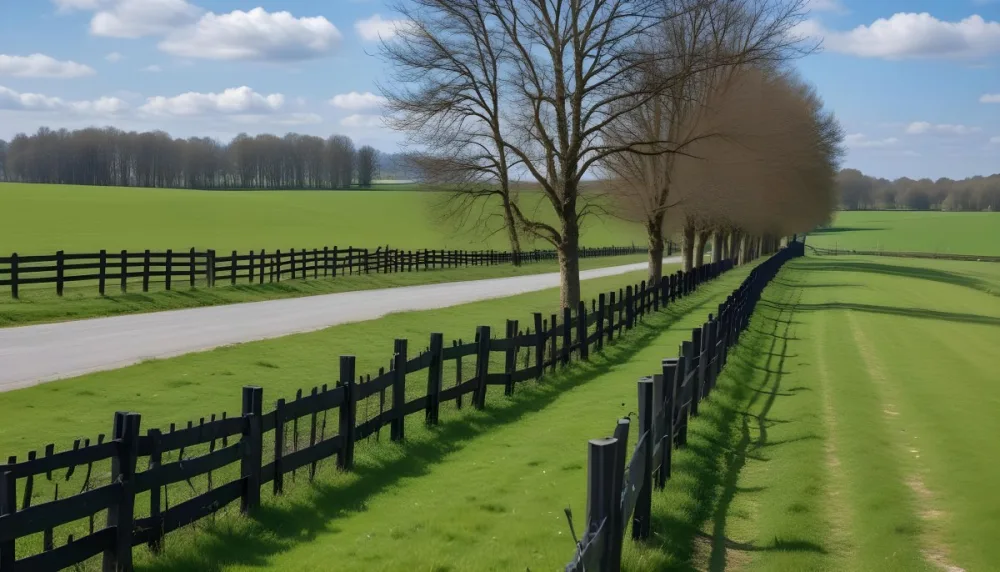 A Black Fence On A Green Field With A Road In The Background Trees Without Leaves Blue Sky With Some Clouds Sunny Day In The Countryside 20 29e7