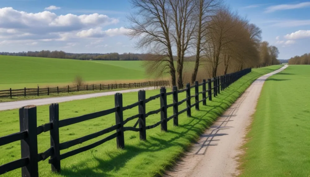 A Black Fence On A Green Field With A Road In The Background Trees Without Leaves Blue Sky With Some Clouds Sunny Day In The Countryside 21 F9c4
