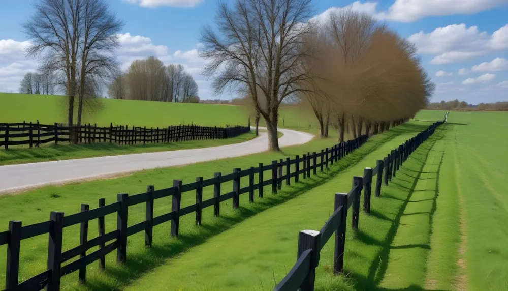 A Black Fence On A Green Field With A Road In The Background Trees Without Leaves Blue Sky With Some Clouds Sunny Day In The Countryside 22 0d0e