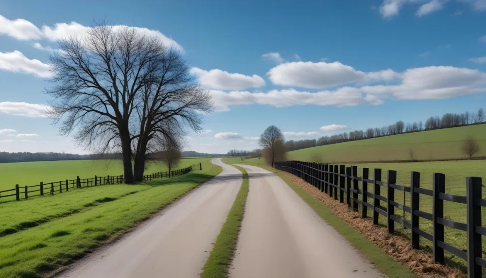 A Black Fence On A Green Field With A Road In The Background Trees Without Leaves Blue Sky With Some Clouds Sunny Day In The Countryside 23 F634