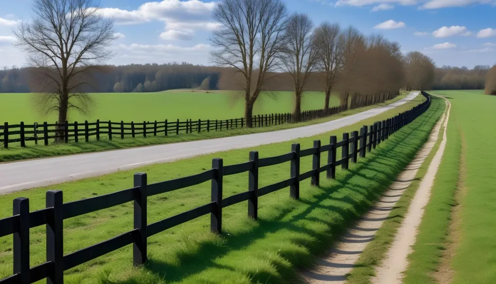 A Black Fence On A Green Field With A Road In The Background Trees Without Leaves Blue Sky With Some Clouds Sunny Day In The Countryside 3 46d7
