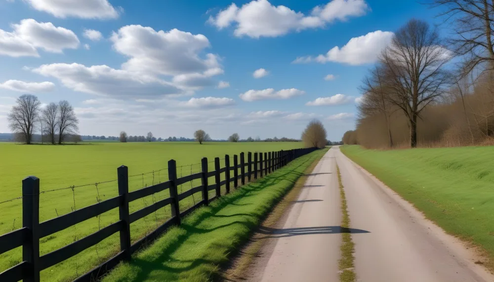 A Black Fence On A Green Field With A Road In The Background Trees Without Leaves Blue Sky With Some Clouds Sunny Day In The Countryside 4 Bf4c