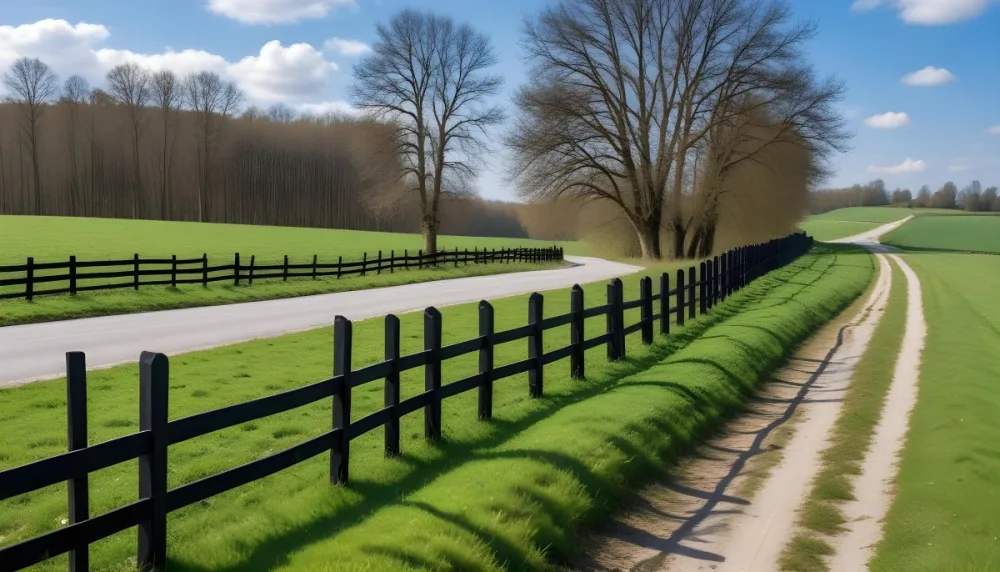 A Black Fence On A Green Field With A Road In The Background Trees Without Leaves Blue Sky With Some Clouds Sunny Day In The Countryside 5 33a0