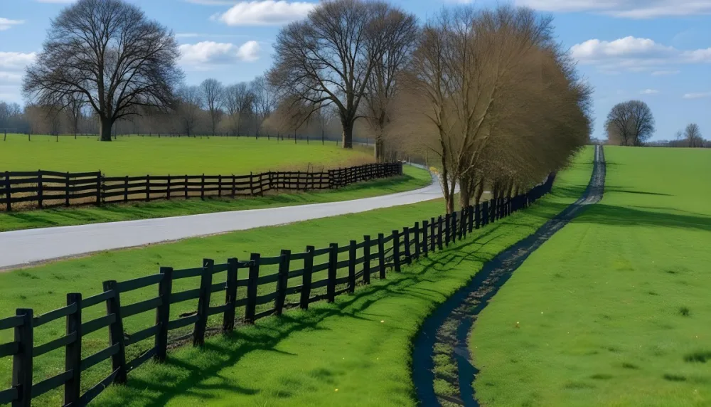 A Black Fence On A Green Field With A Road In The Background Trees Without Leaves Blue Sky With Some Clouds Sunny Day In The Countryside 7 C3e6