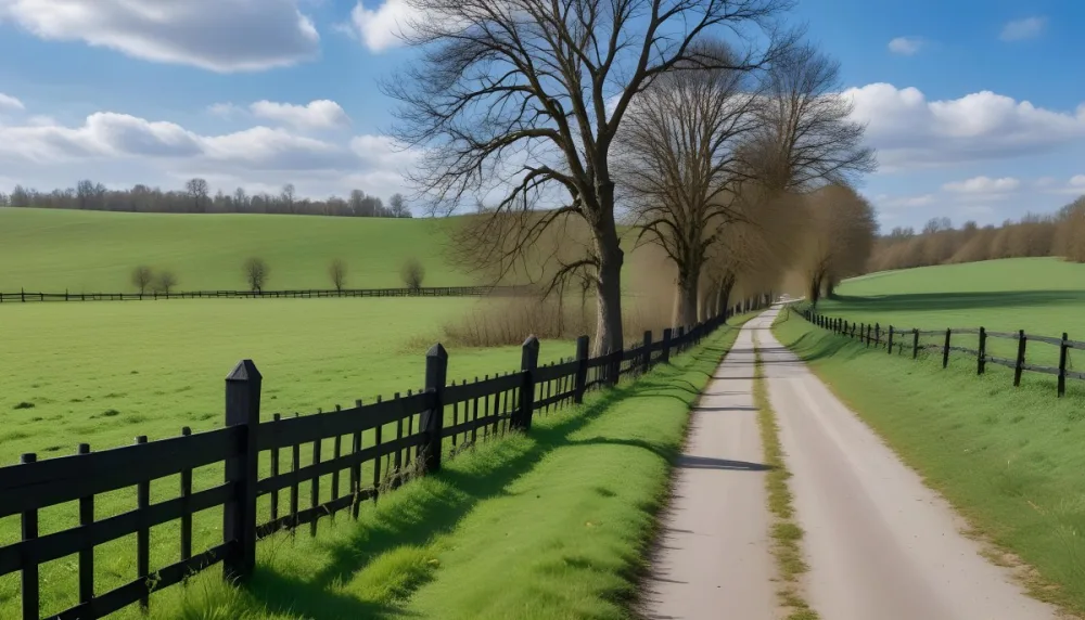 A Black Fence On A Green Field With A Road In The Background Trees Without Leaves Blue Sky With Some Clouds Sunny Day In The Countryside 8 A691