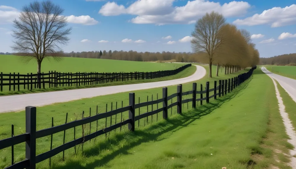 A Black Fence On A Green Field With A Road In The Background Trees Without Leaves Blue Sky With Some Clouds Sunny Day In The Countryside 9 Db49