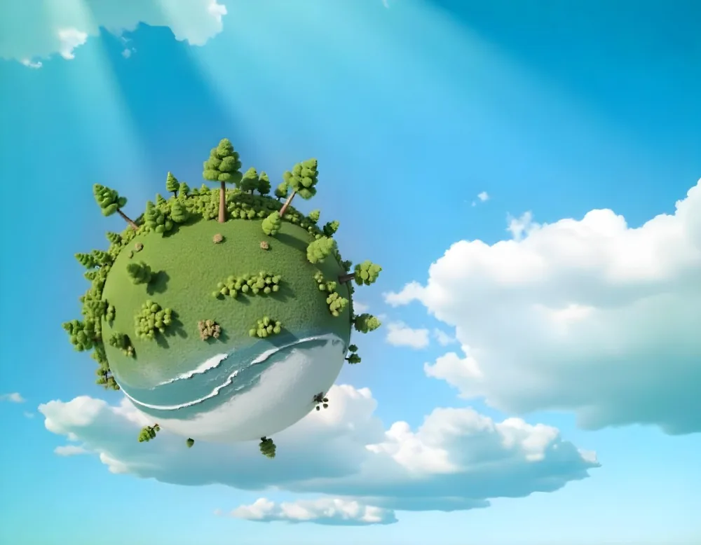 A Blue Earth With Trees On Top Of Clouds Blue Sky With Sun Rays Bright Colors Detailed High Resolution Global Warming Concept 17 6f13