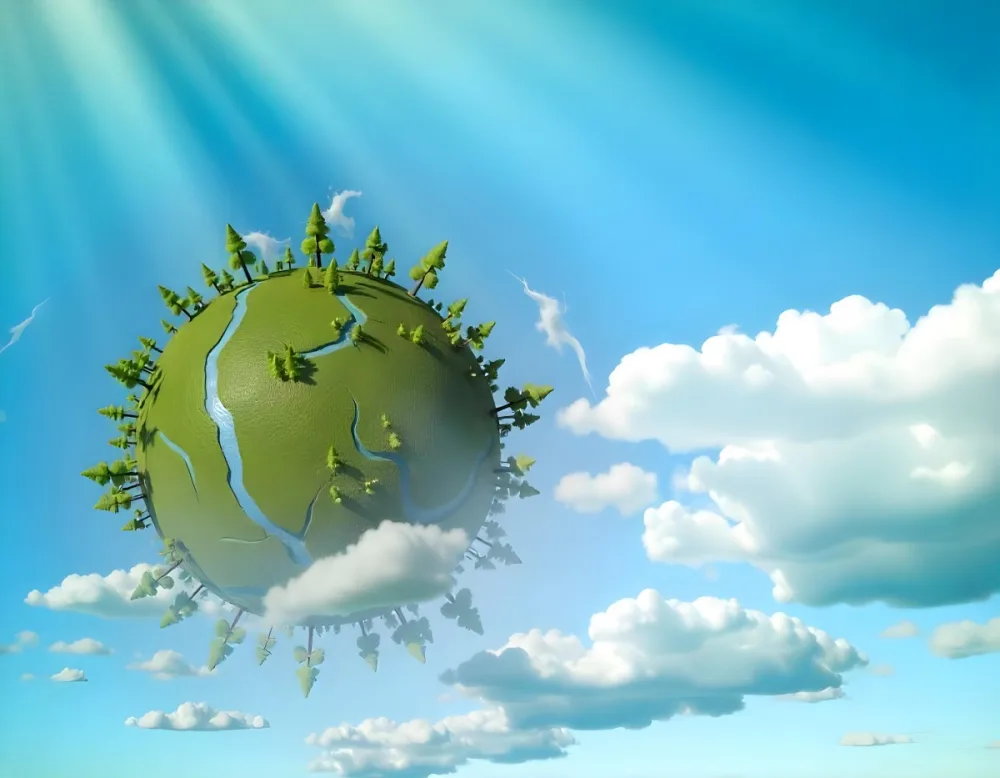 A Blue Earth With Trees On Top Of Clouds Blue Sky With Sun Rays Bright Colors Detailed High Resolution Global Warming Concept 28 991a