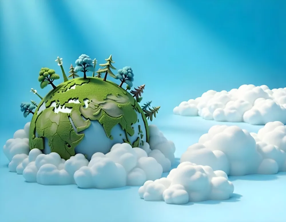 A Blue Earth With Trees On Top Of Clouds Blue Sky With Sun Rays Bright Colors Detailed High Resolution Global Warming Concept 34 1cea