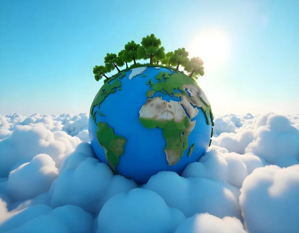 A Blue Earth With Trees On Top Of Clouds Blue Sky With Sun Rays Bright Colors Detailed High Resolution Global Warming Concept 5 3874