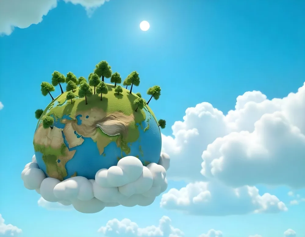 A Blue Earth With Trees On Top Of Clouds Blue Sky With Sun Rays Bright Colors Detailed High Resolution Global Warming Concept 6 E0d1