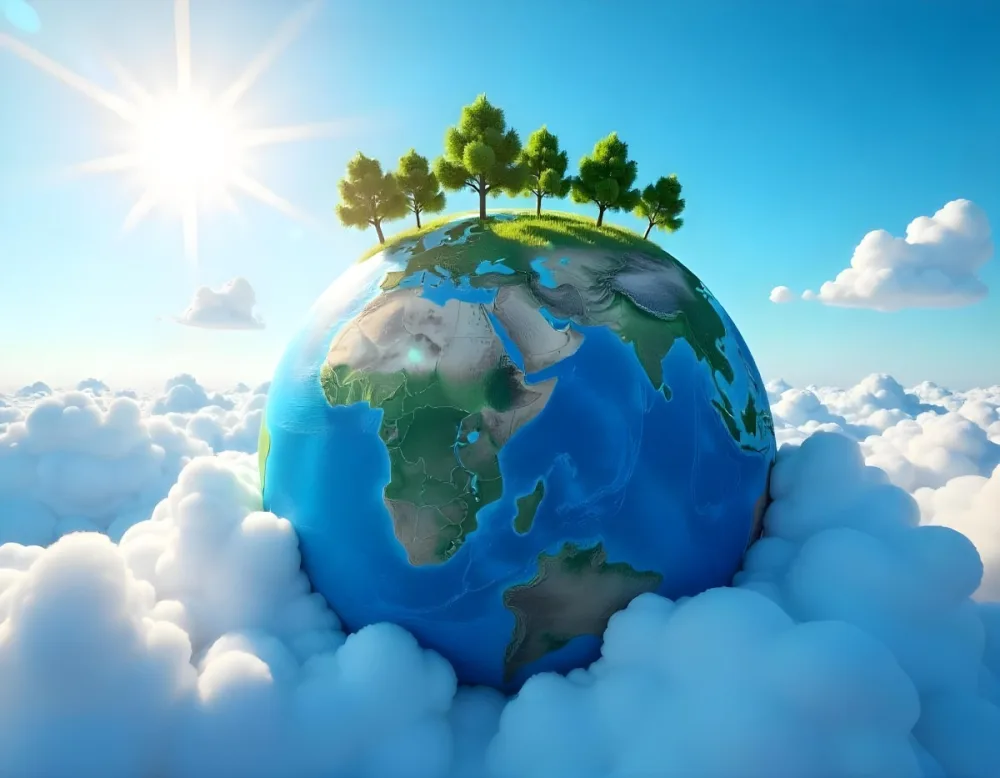 A Blue Earth With Trees On Top Of Clouds Blue Sky With Sun Rays Bright Colors Detailed High Resolution Global Warming Concept 7 F6e7