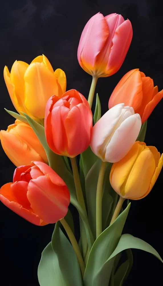 A Bouquet Of Colorful Tulips In Various Shades Of