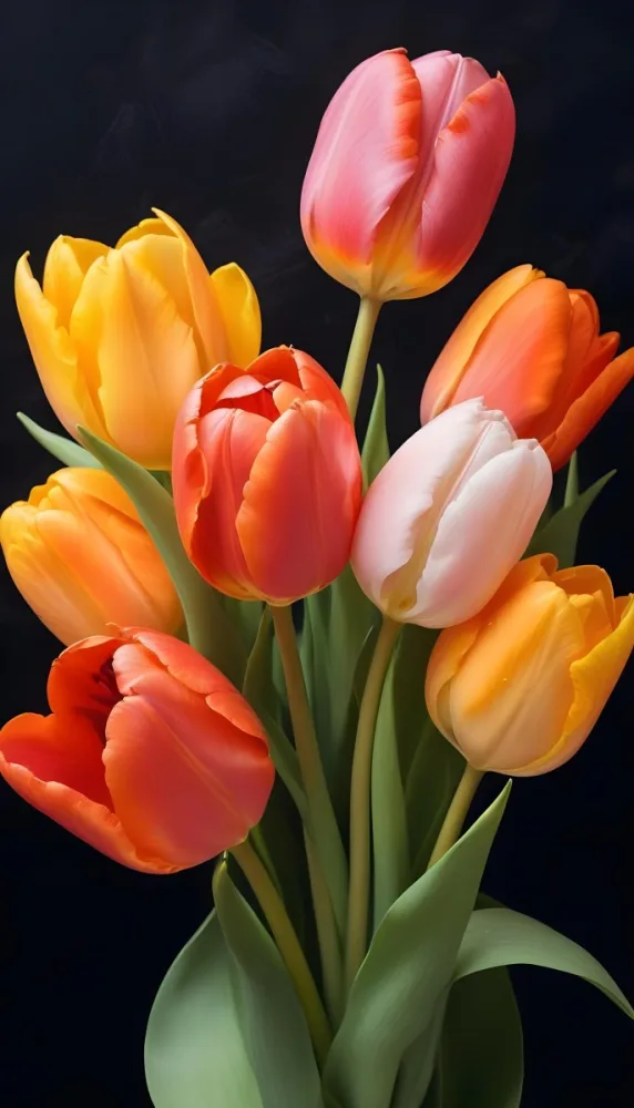 A Bouquet Of Colorful Tulips In Various Shades Of Red Orange And Pink Against A Dark Background 12 A1bc